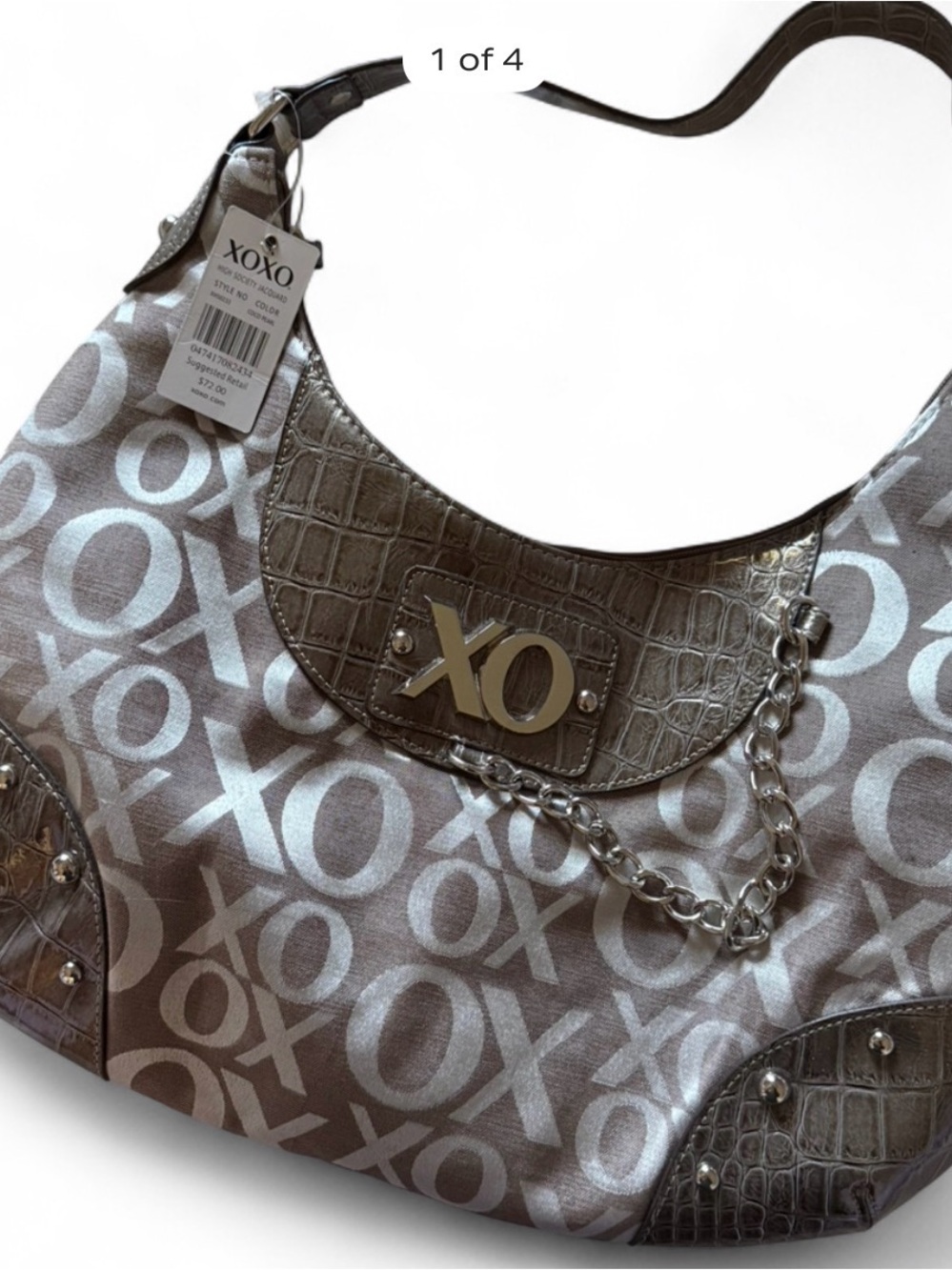 Y2K XOXO Silver Metallic Hobo Bag with Chain Accent